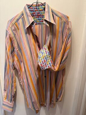 Robert Graham Multicolor Stripes Button-Down Shirt Rare Car-Print Accents Large